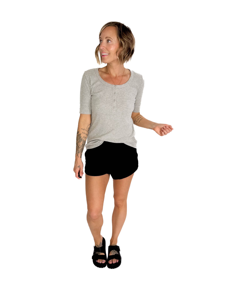 Melissa Ribbed 1/2 Sleeve Henley Top- HEATHER GREY