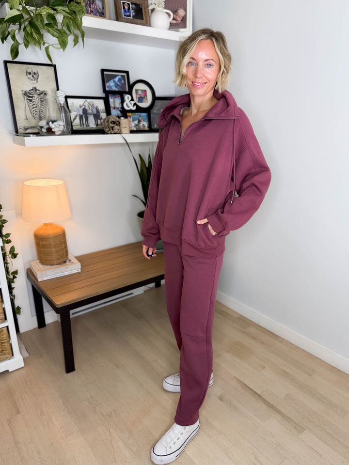 MONO B Lakeside Fleece Half Zip Pullover- ROSEWOOD