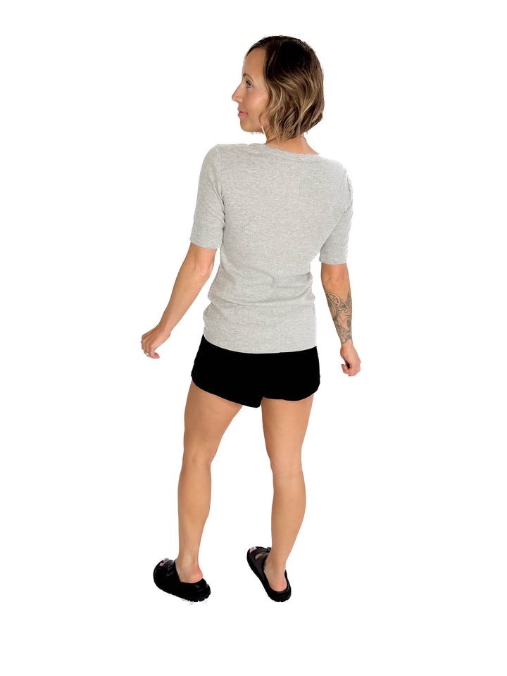Melissa Ribbed 1/2 Sleeve Henley Top- HEATHER GREY