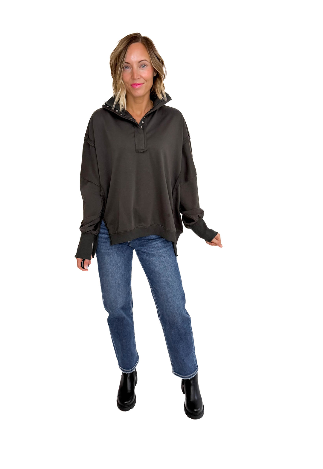 Nolan Snap Henley Pullover- CHARCOAL