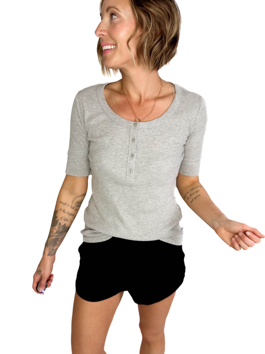 Melissa Ribbed 1/2 Sleeve Henley Top- HEATHER GREY