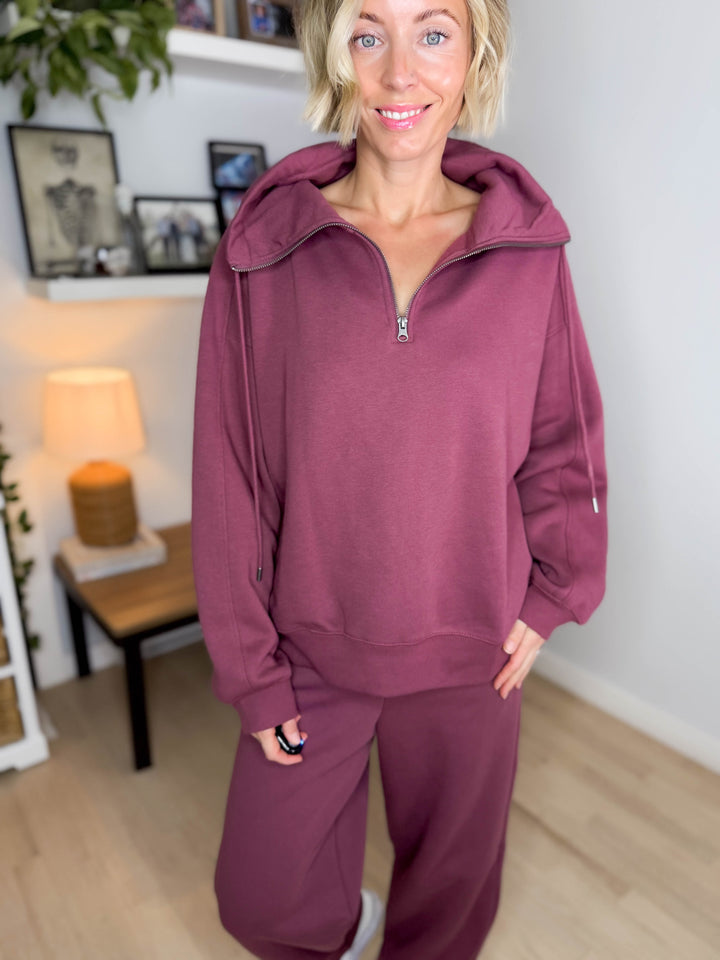 MONO B Lakeside Fleece Half Zip Pullover- ROSEWOOD