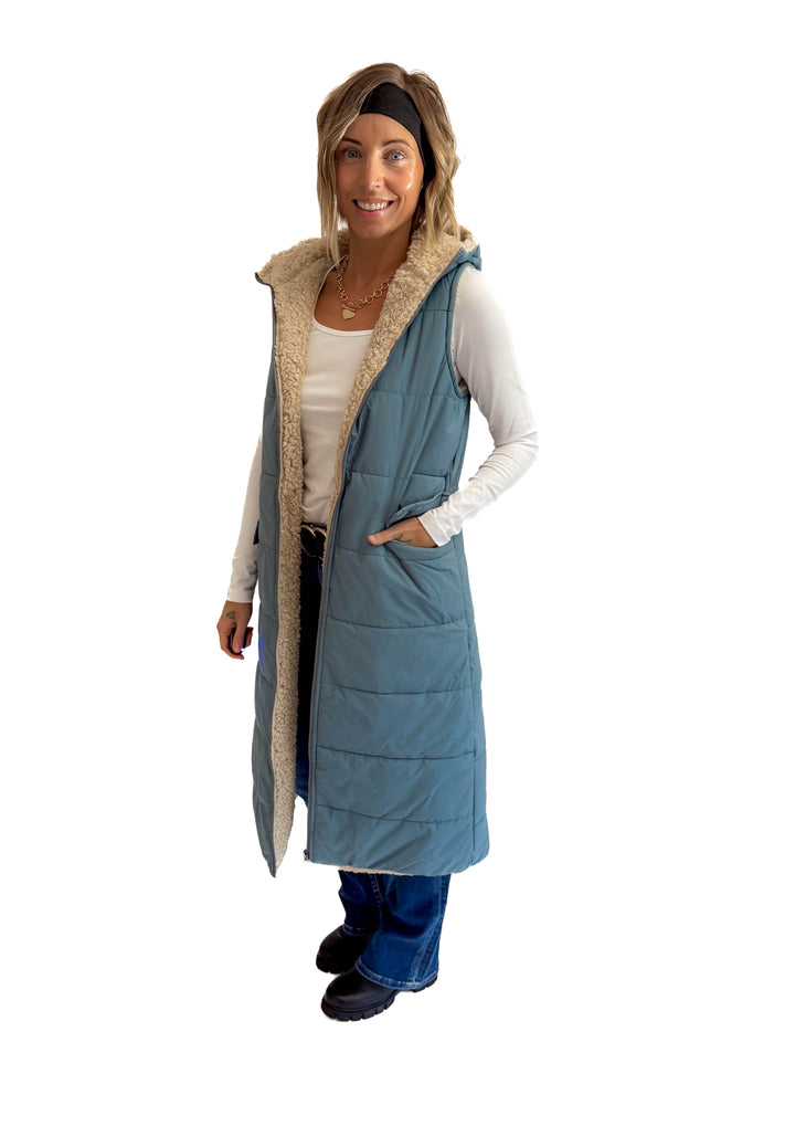 Blake Reversible Sherpa Puffer Vest- BLUE