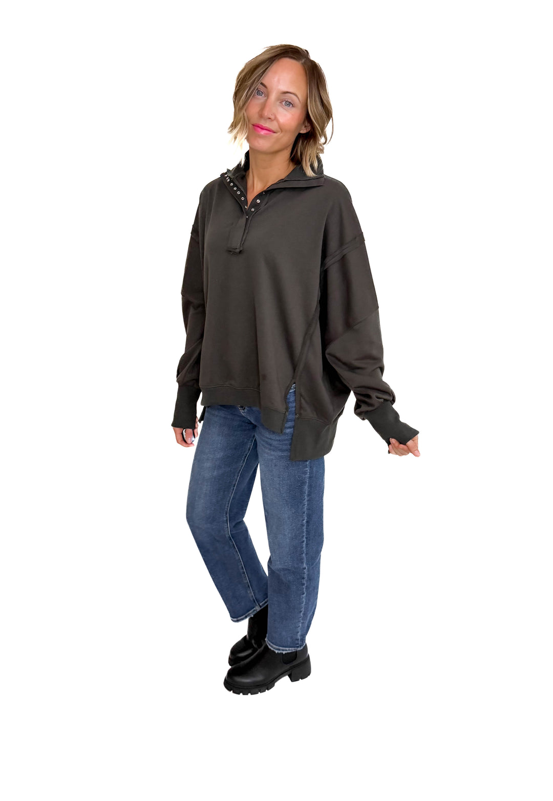 Nolan Snap Henley Pullover- CHARCOAL