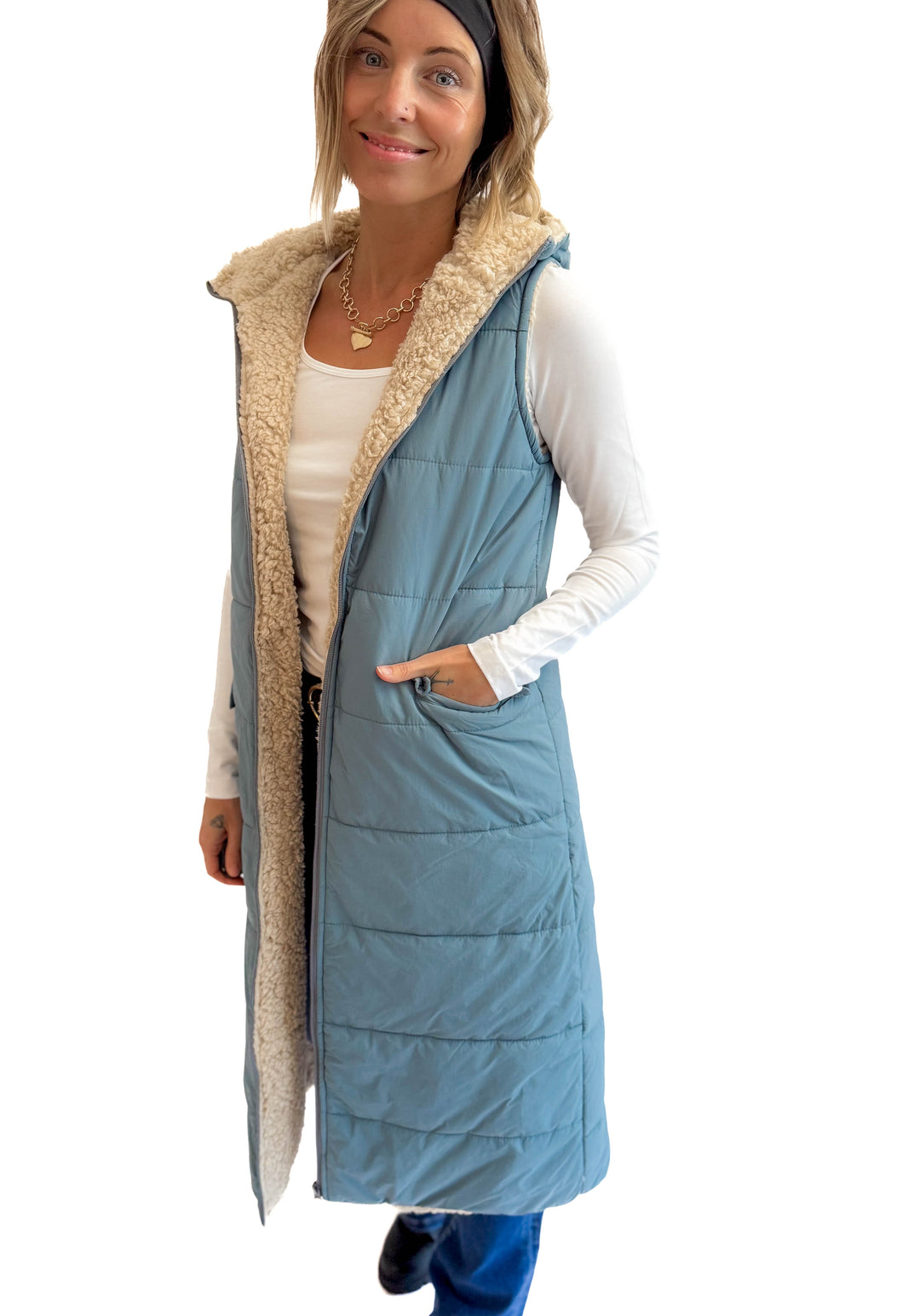 Blake Reversible Sherpa Puffer Vest- BLUE