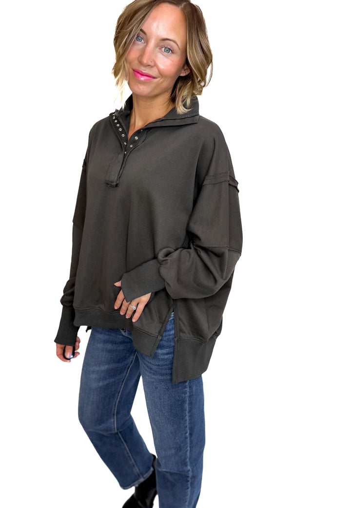 Nolan Snap Henley Pullover- CHARCOAL