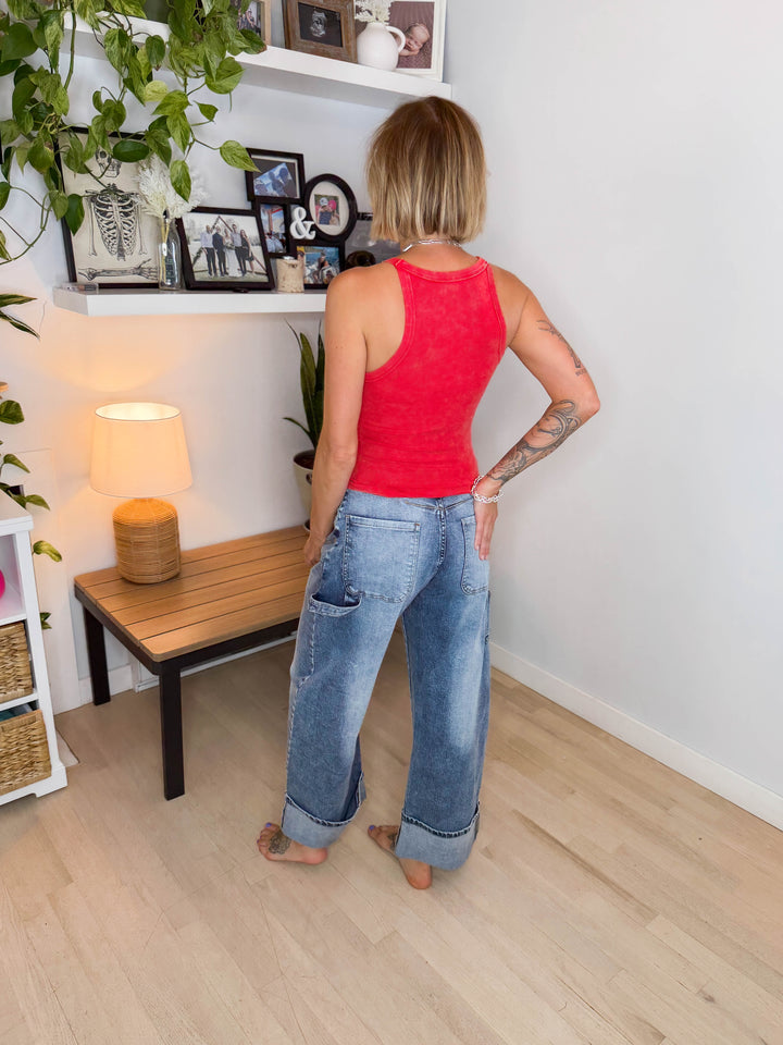 Navy Stretch Denim Cuffed Barrel Jean