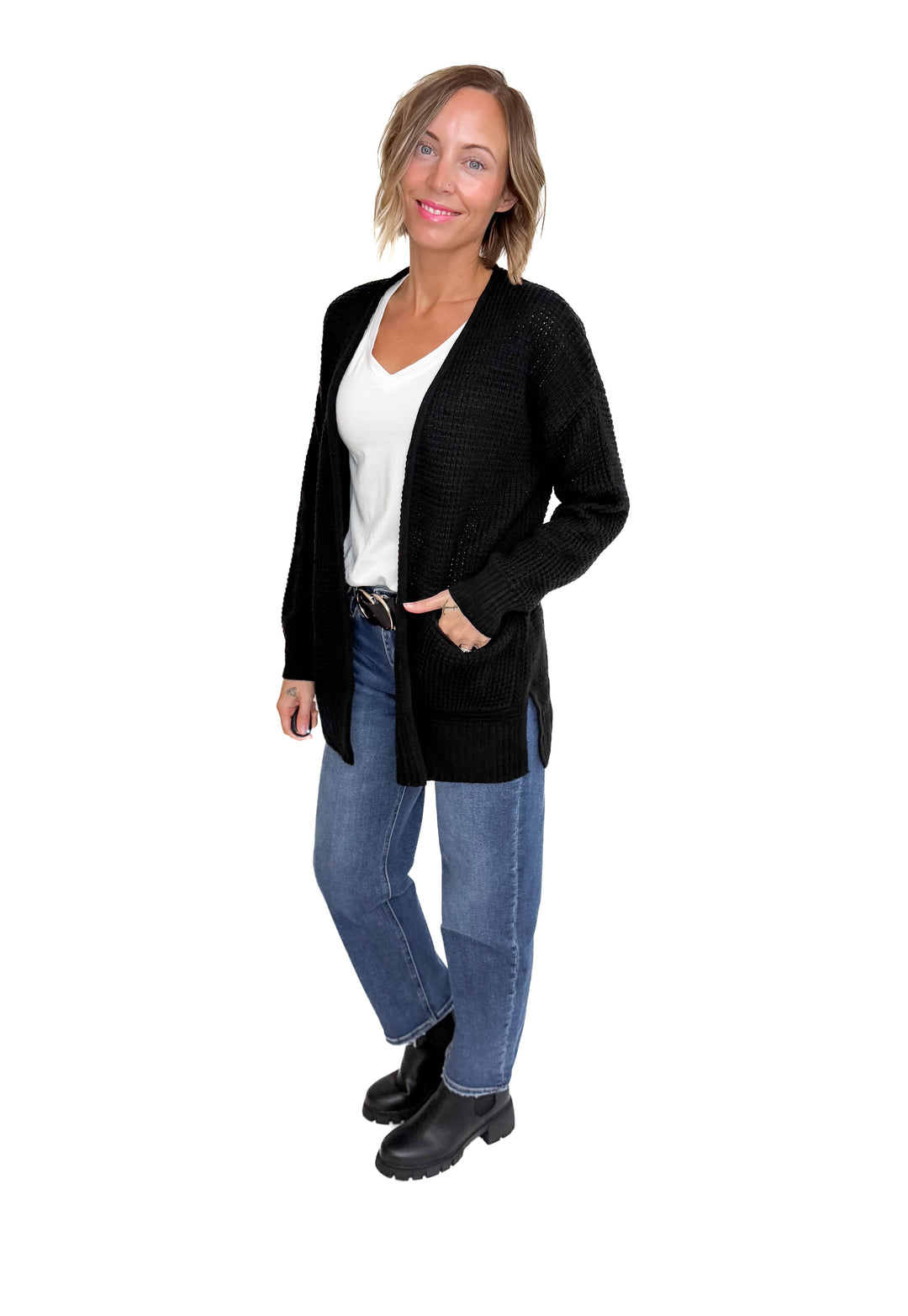 Marley Waffle Cardigan- BLACK-FINAL SALE