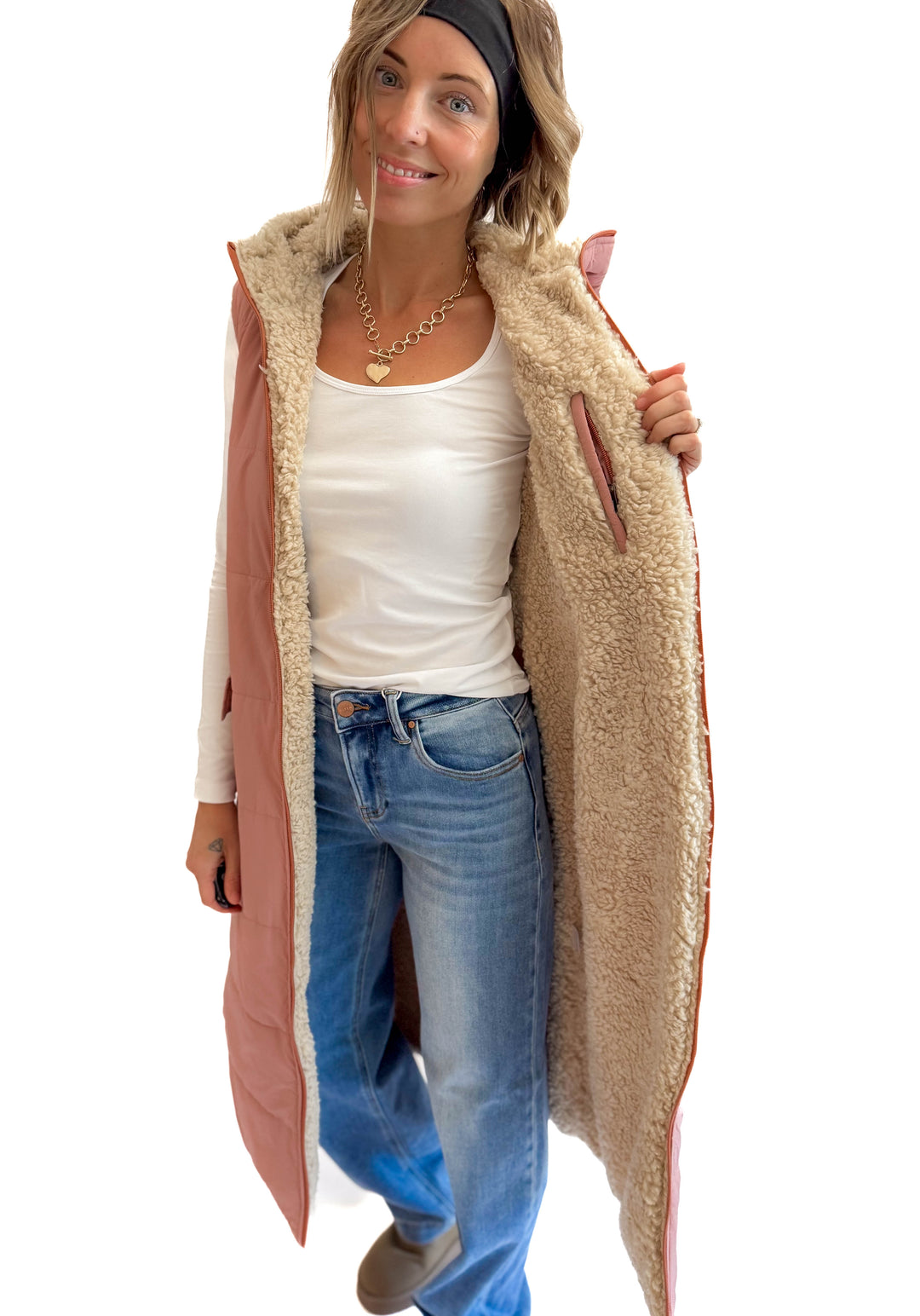 Blake Reversible Sherpa Puffer Vest- MAUVE