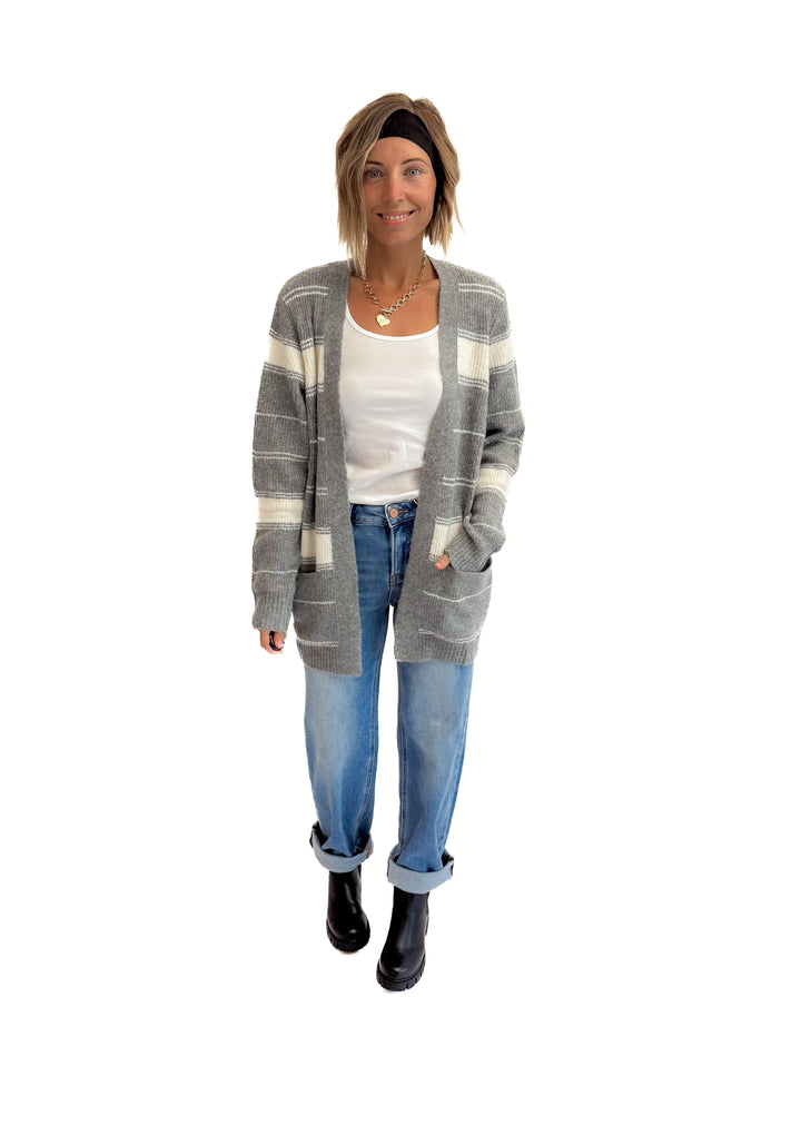 Anvil Striped Pocket Cardigan- CREAM/GREY