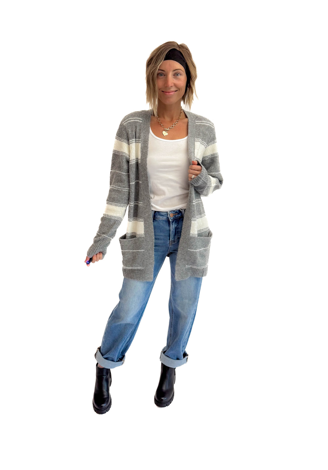 Anvil Striped Pocket Cardigan- CREAM/GREY