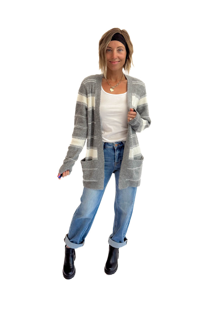 Anvil Striped Pocket Cardigan- CREAM/GREY