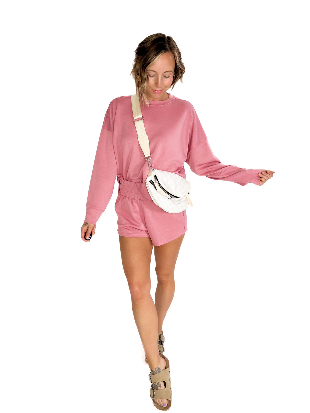 Khendra Scuba Long Sleeve Sweatshirts & Short Set- LIGHT ROSE-FINAL SALE