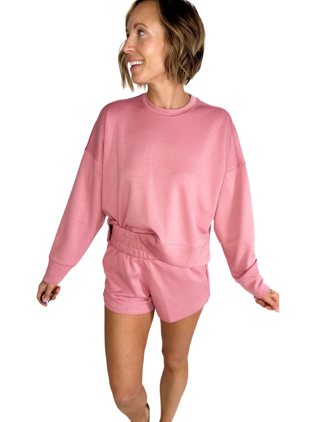 Khendra Scuba Long Sleeve Sweatshirts & Short Set- LIGHT ROSE-FINAL SALE