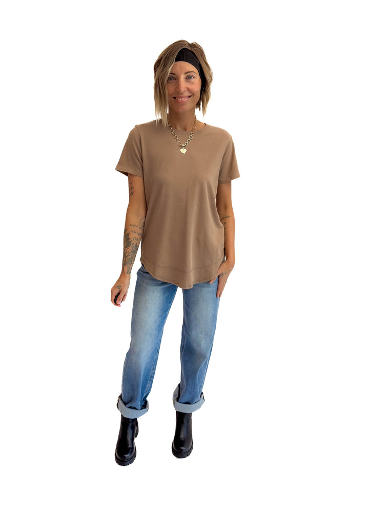 MONO B Arlene Soft Curve Pima Cotton Tee- SAND BEIGE