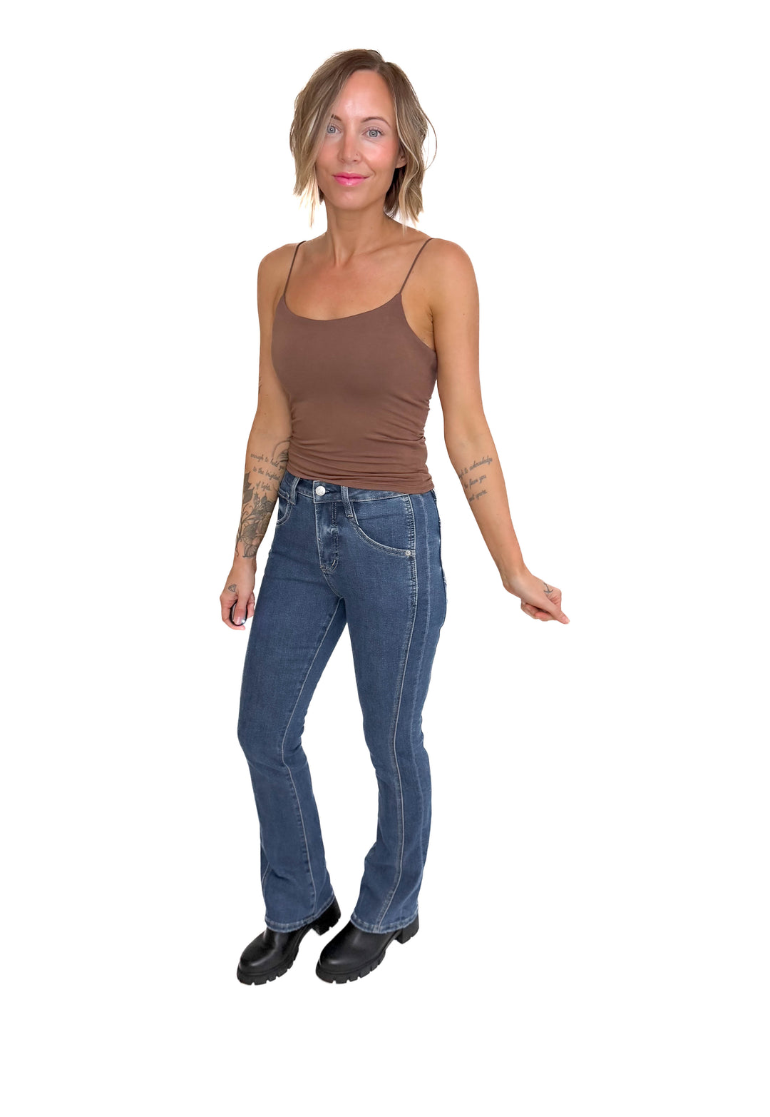 Mica Ria High Rise Bootcut Side Panel Tummy Tuck Jeans- MEDIUM WASH