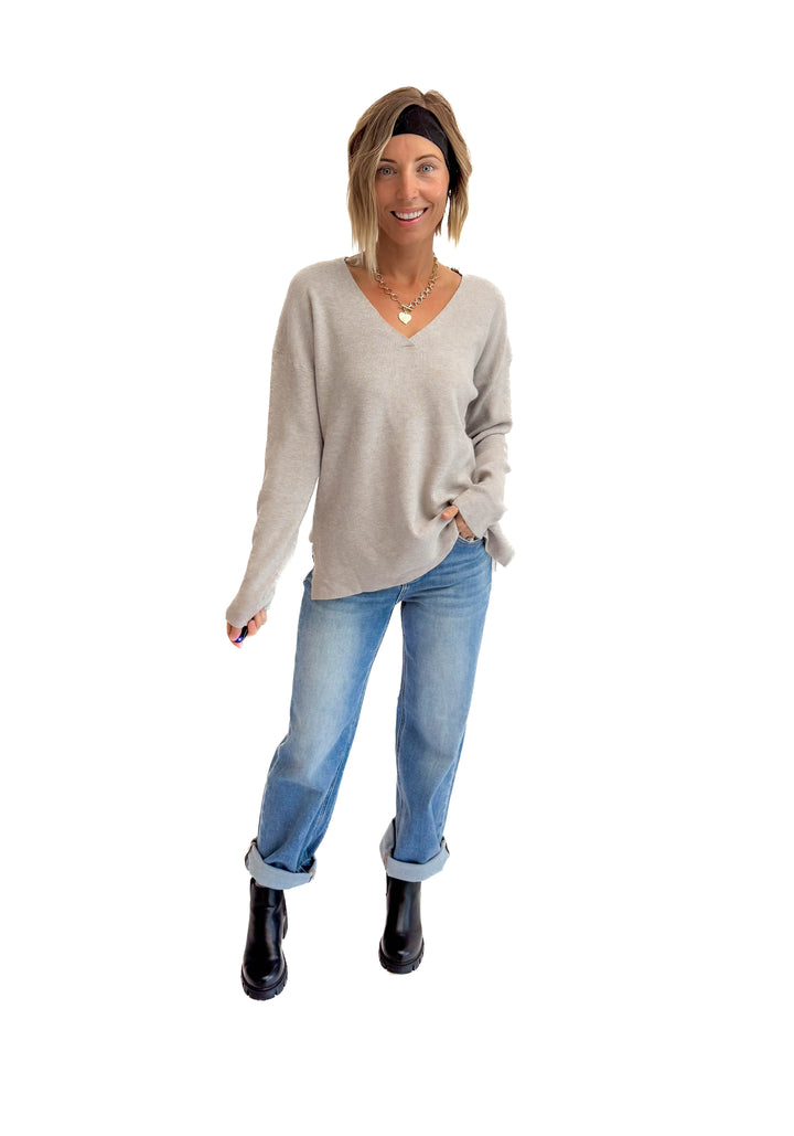 Jillian Knit V-Neck Drop Shoulder Sweater- HEATHER GREY