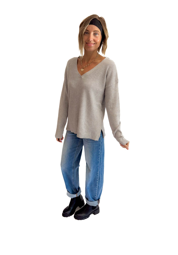Jillian Knit V-Neck Drop Shoulder Sweater- HEATHER GREY