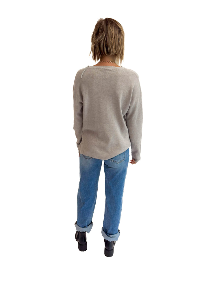Jillian Knit V-Neck Drop Shoulder Sweater- HEATHER GREY