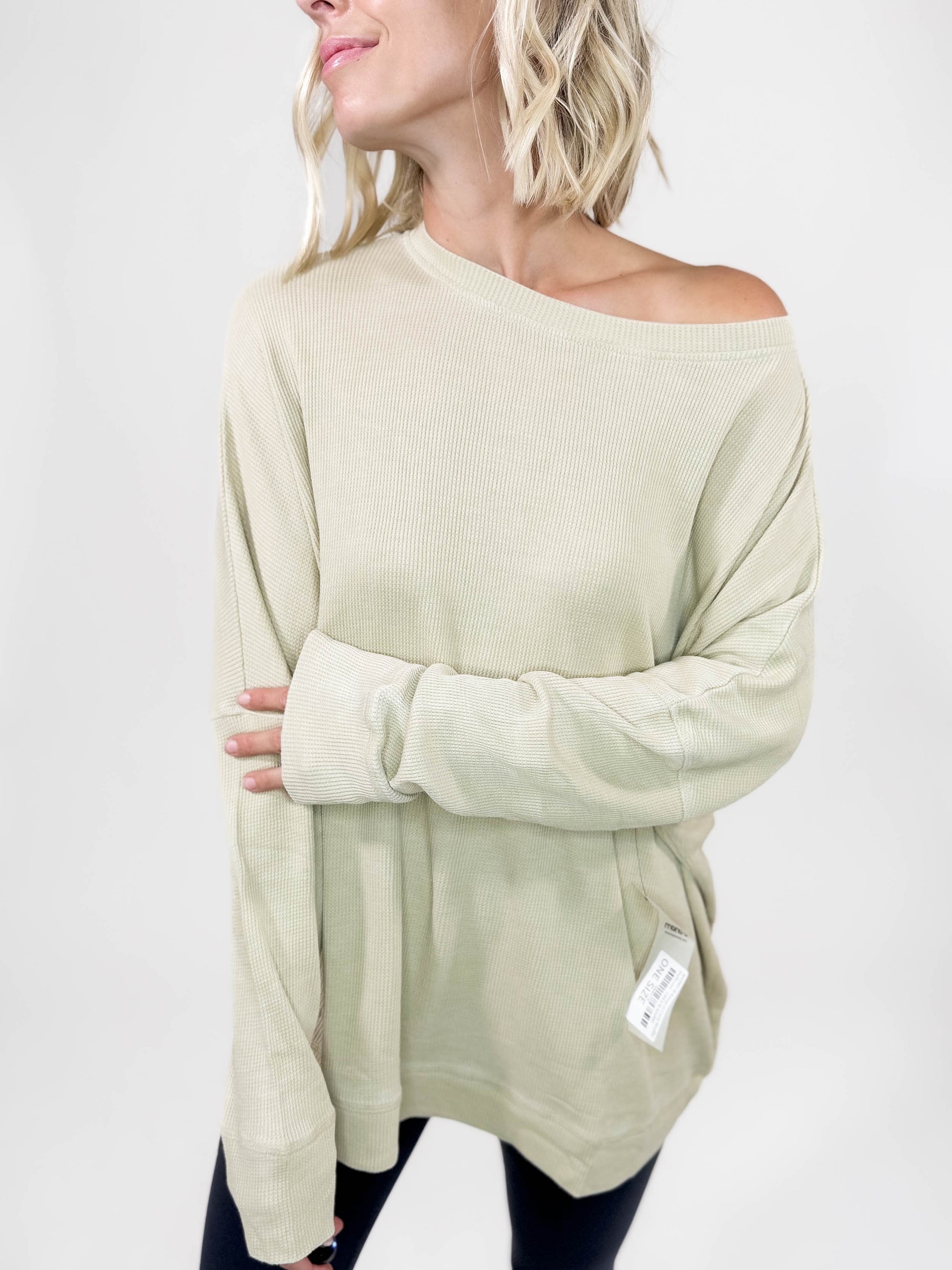 MONO B Keep It Cozy Waffle Pullover- GREEN KHAKI