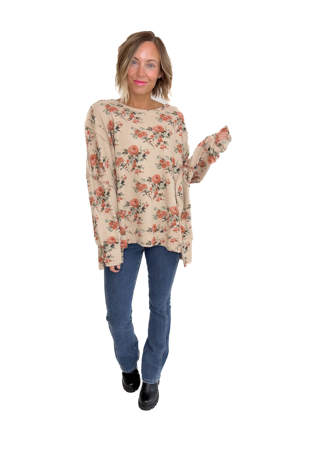 Posey Floral Oversized Waffle Pullover- TAUPE
