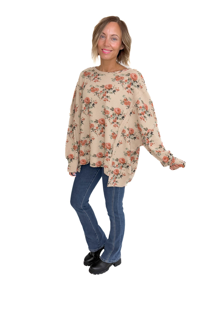 Posey Floral Oversized Waffle Pullover- TAUPE