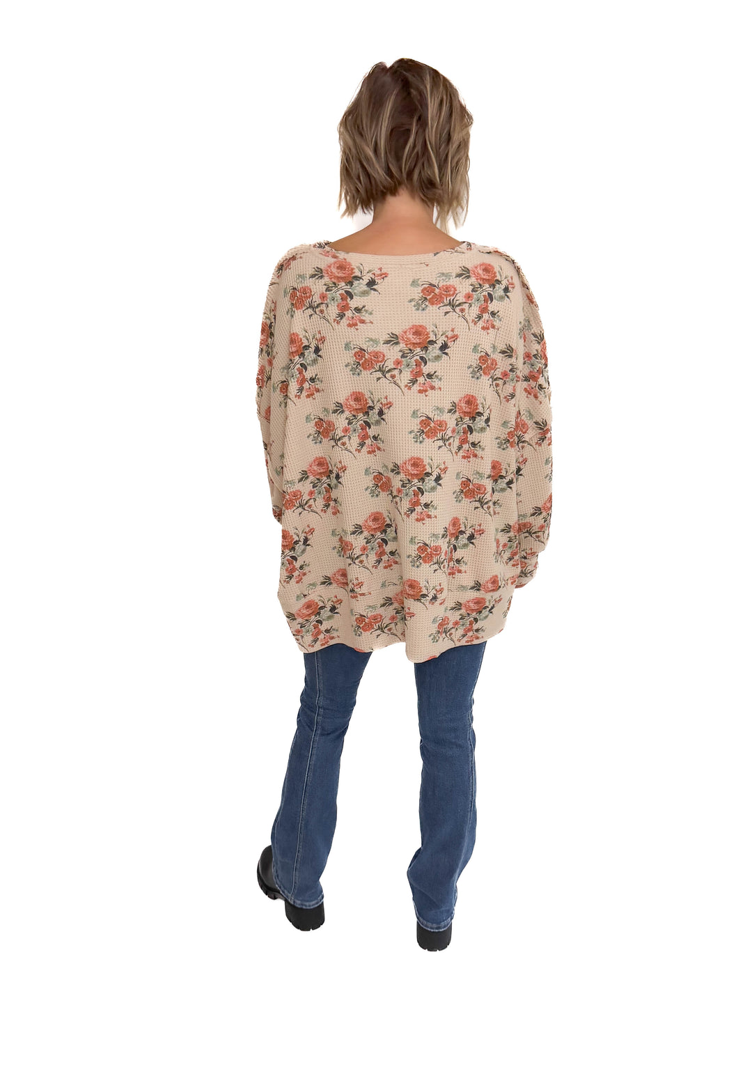 Posey Floral Oversized Waffle Pullover- TAUPE