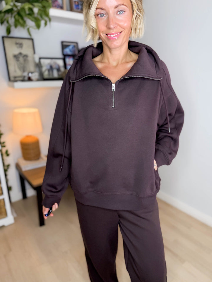 MONO B Lakeside Fleece Half Zip Pullover- COFFEE BEAN
