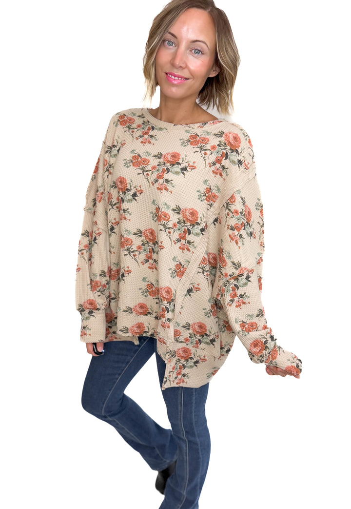 Posey Floral Oversized Waffle Pullover- TAUPE