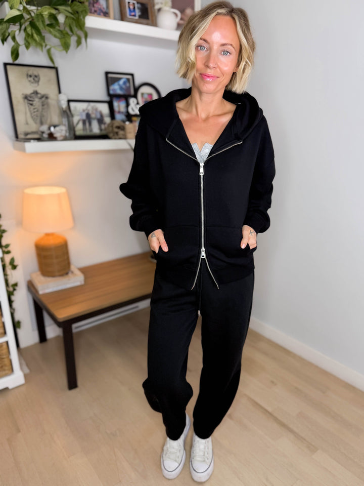 MONO B Slow Morning Fleece Zip Up Hoodie- BLACK