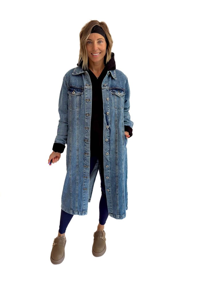 Katerina  Long Line Denim Jacket- MEDIUM BLUE