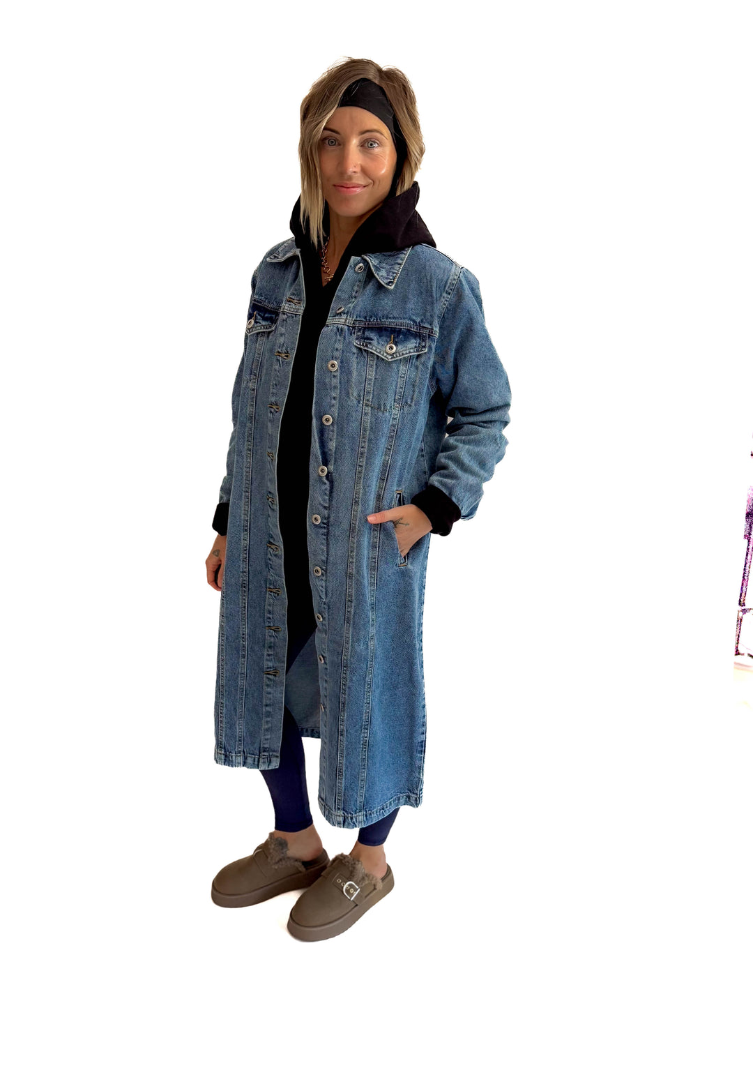 Katerina  Long Line Denim Jacket- MEDIUM BLUE