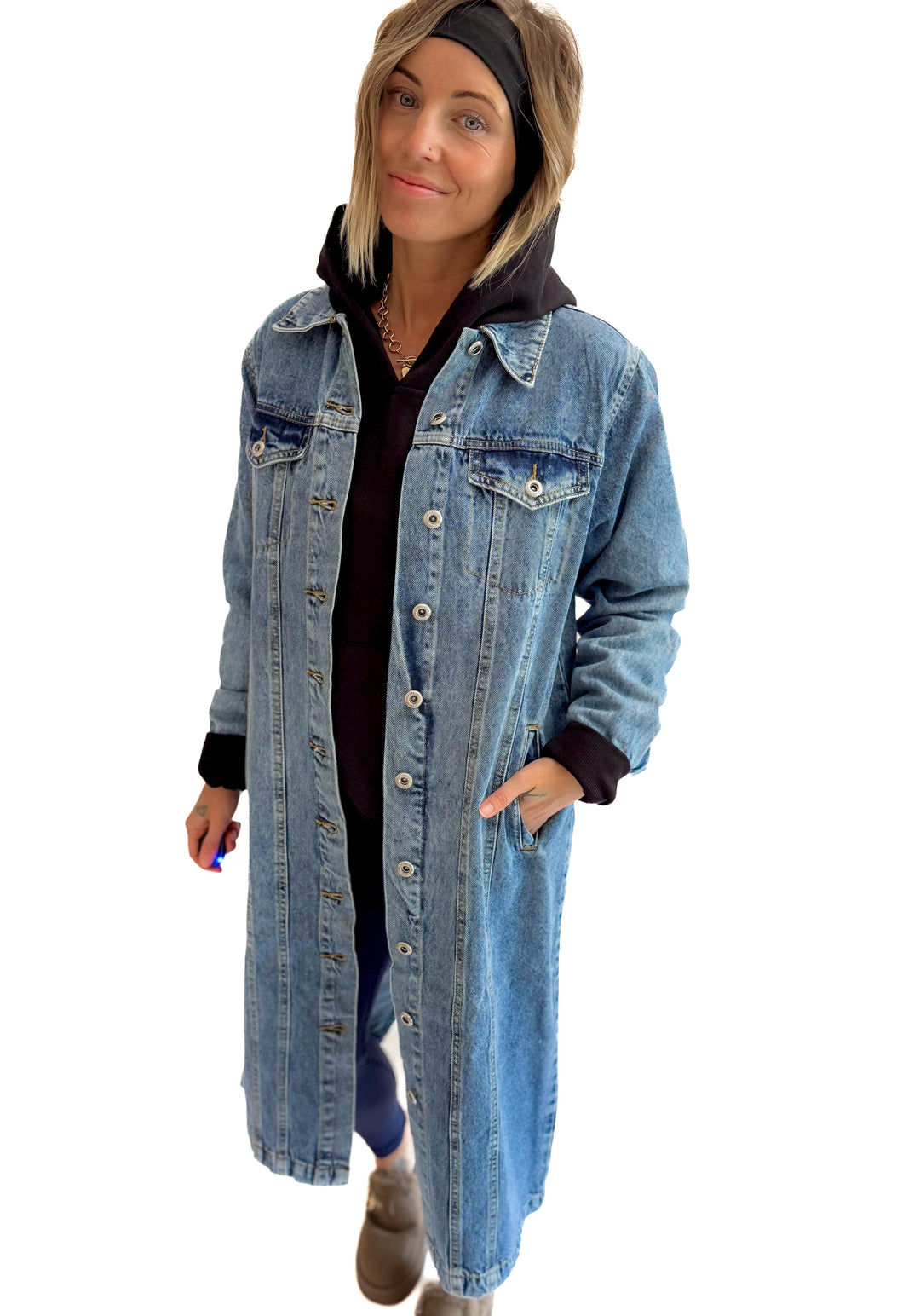 Katerina  Long Line Denim Jacket- MEDIUM BLUE