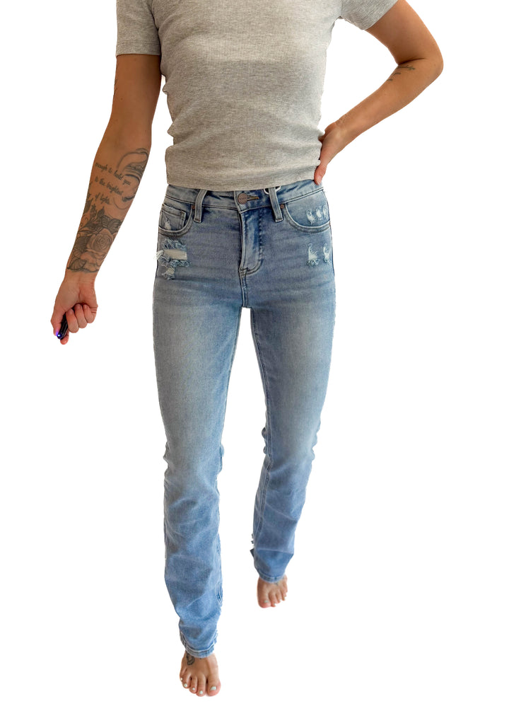 RISEN Carrie High Rise Straight Leg Tummy Control Jeans- MEDIUM WASH