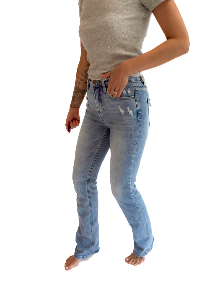 RISEN Carrie High Rise Straight Leg Tummy Control Jeans- MEDIUM WASH