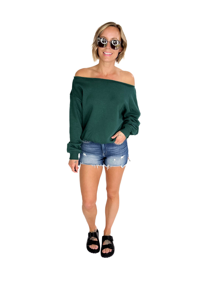 Janice Fleece Off Shoulder Top- HUNTER GREEN
