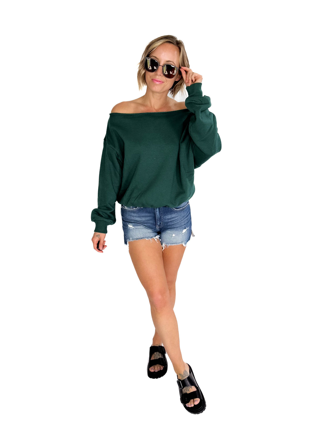 Janice Fleece Off Shoulder Top- HUNTER GREEN