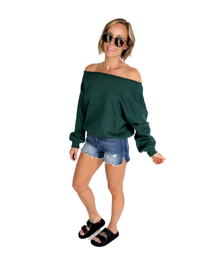 Janice Fleece Off Shoulder Top- HUNTER GREEN