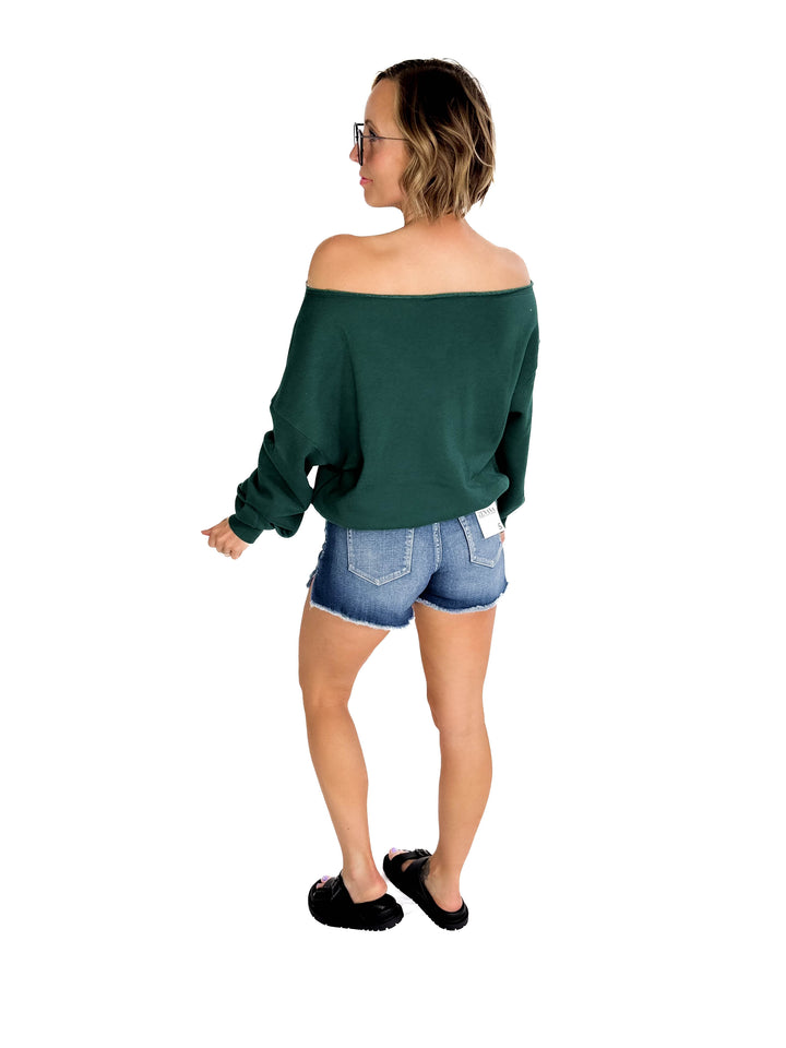 Janice Fleece Off Shoulder Top- HUNTER GREEN