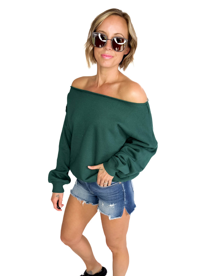 Janice Fleece Off Shoulder Top- HUNTER GREEN