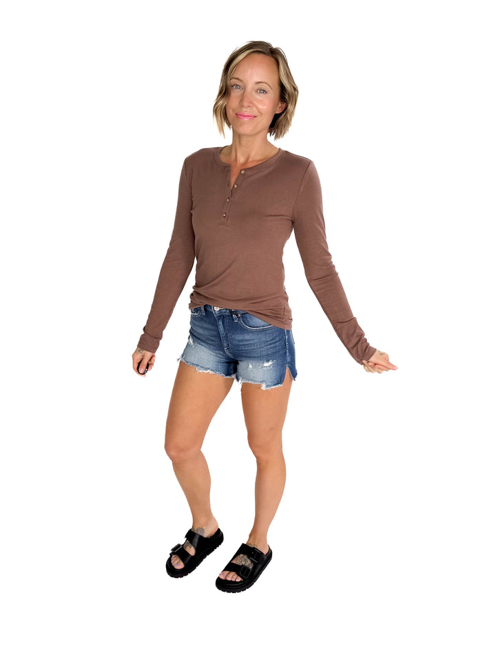 Macie Ultra Soft Long Sleeve Henley Top- ESPRESSO
