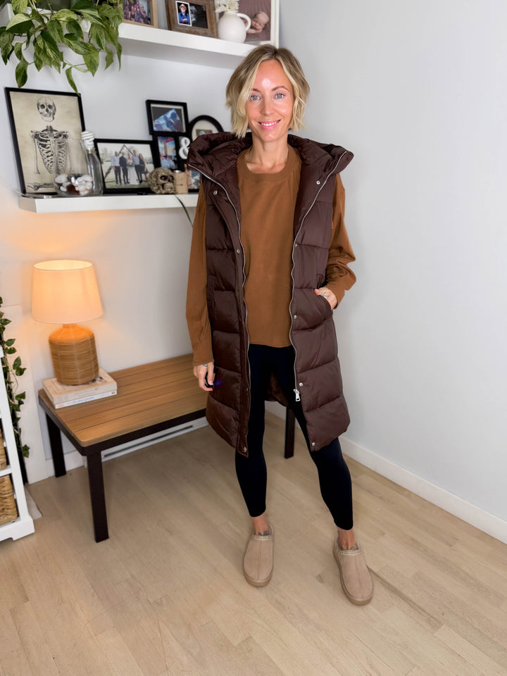 Mono B Harbour Lights Hooded Longline Puffer Vest- COFFEE BEAN
