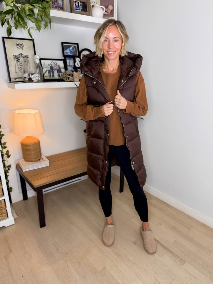 Mono B Harbour Lights Hooded Longline Puffer Vest- COFFEE BEAN