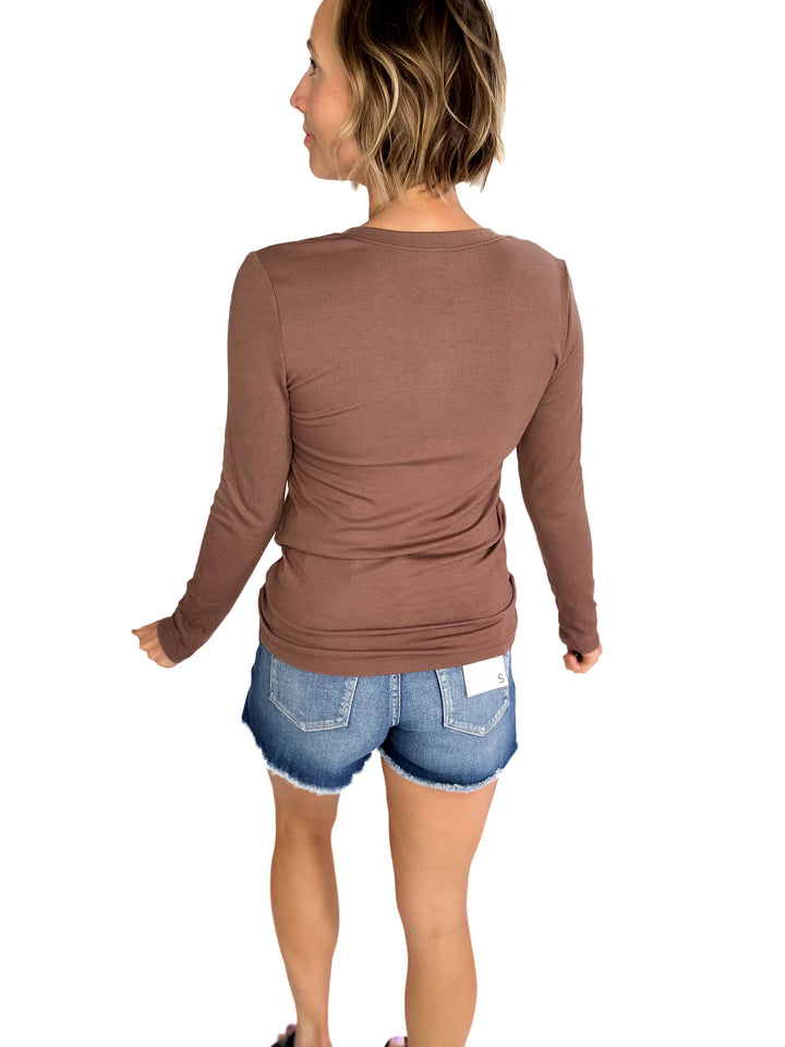 Macie Ultra Soft Long Sleeve Henley Top- ESPRESSO