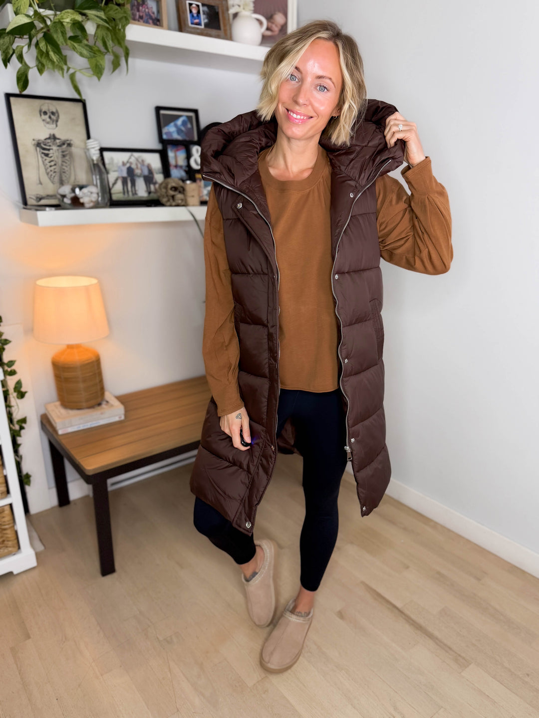 Mono B Harbour Lights Hooded Longline Puffer Vest- COFFEE BEAN