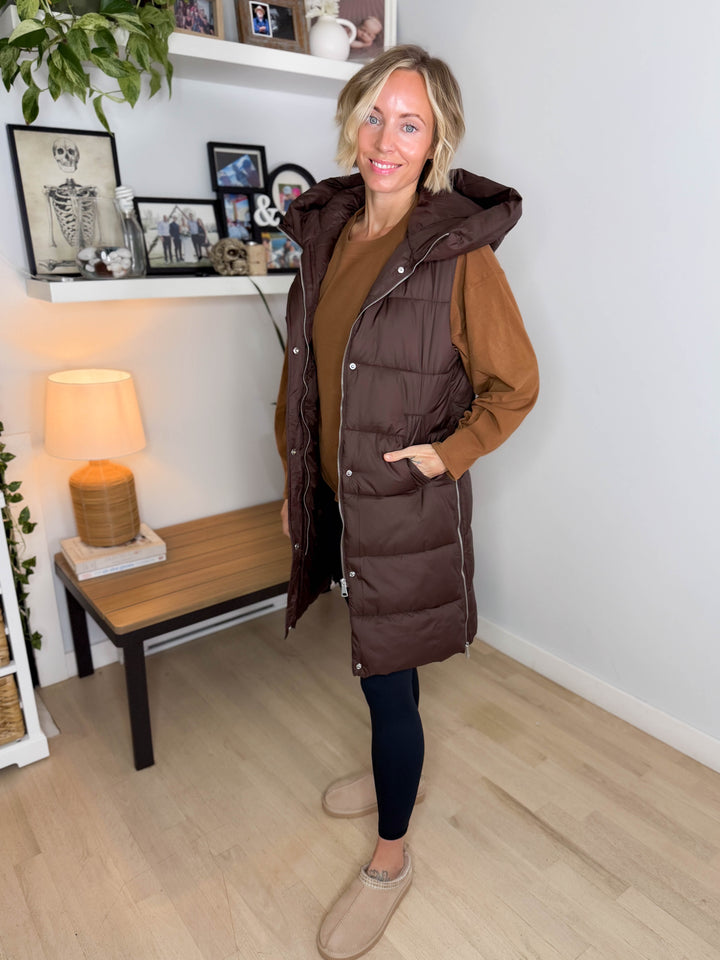Mono B Harbour Lights Hooded Longline Puffer Vest- COFFEE BEAN