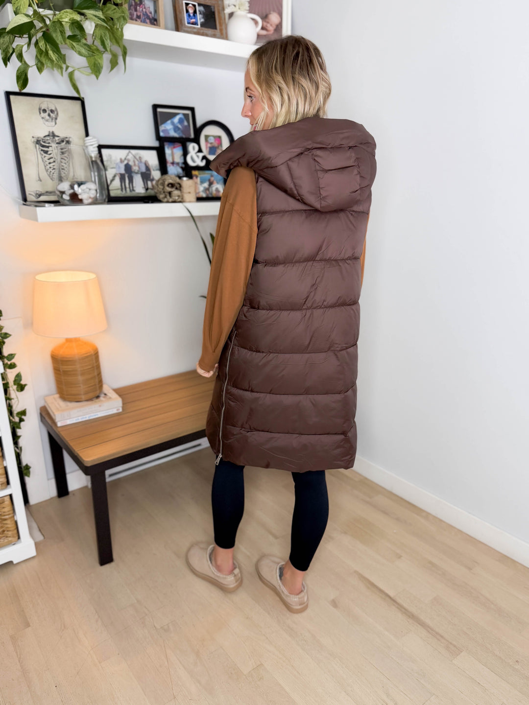 Mono B Harbour Lights Hooded Longline Puffer Vest- COFFEE BEAN