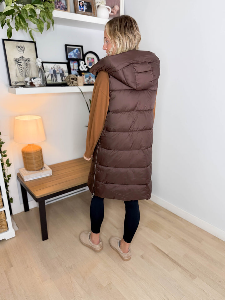 Mono B Harbour Lights Hooded Longline Puffer Vest- COFFEE BEAN