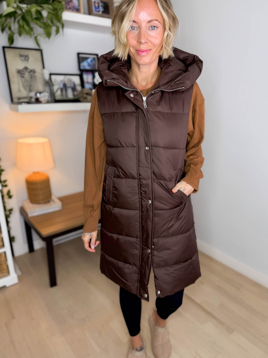 Mono B Harbour Lights Hooded Longline Puffer Vest- COFFEE BEAN