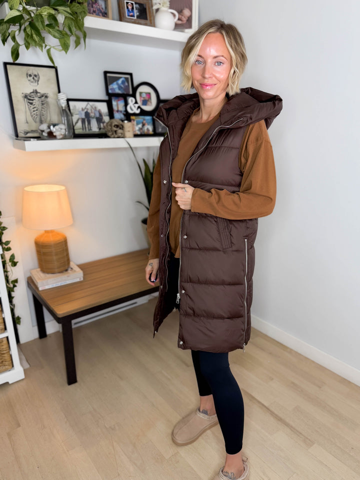 Mono B Harbour Lights Hooded Longline Puffer Vest- COFFEE BEAN
